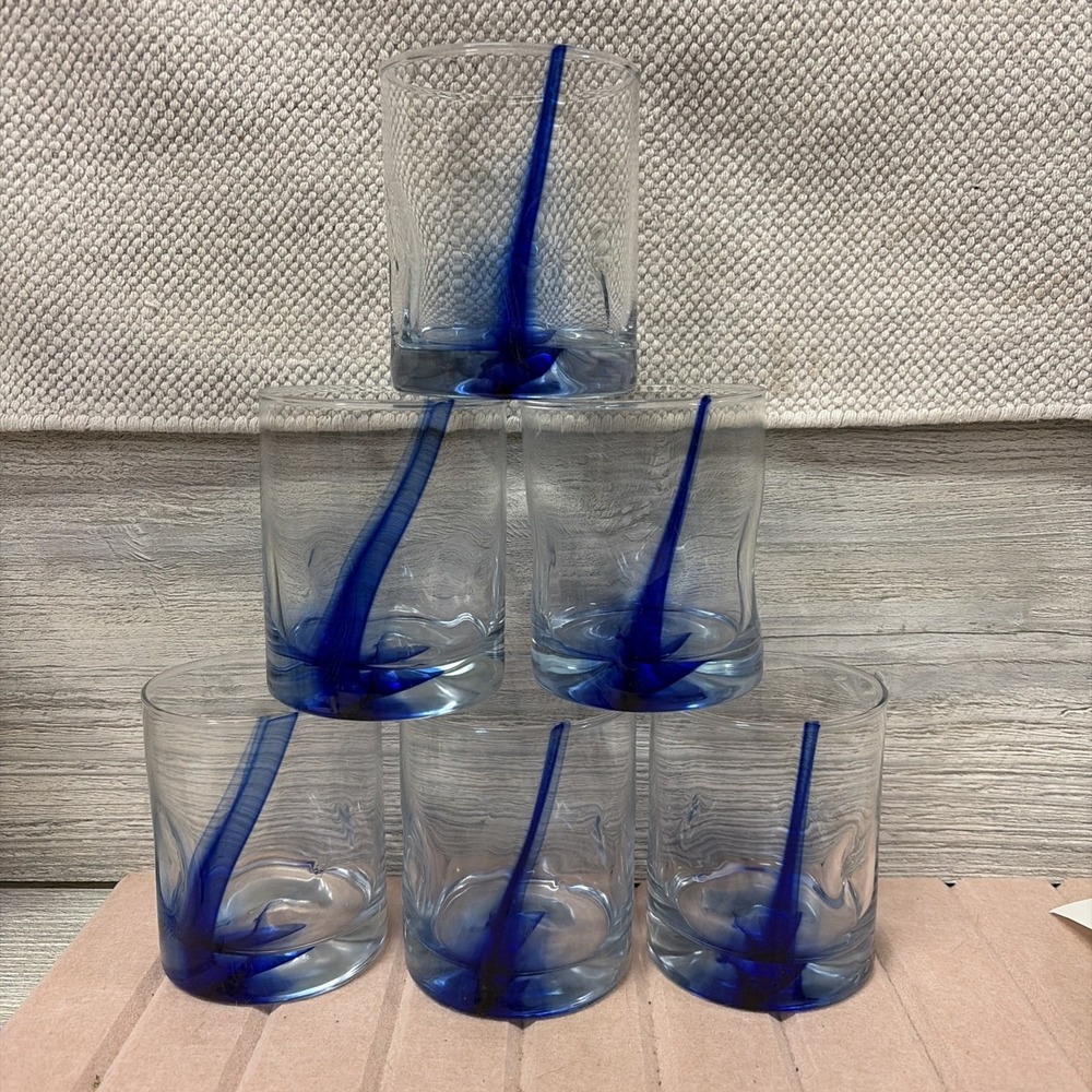 Libbey Blue Ribbon Impression Glasses Dimple Colbalt Blue Swirl x 6 (c8)